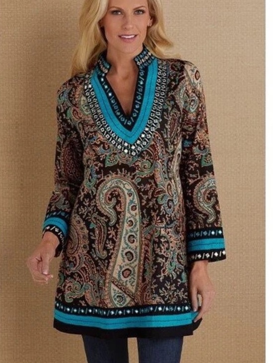 Soft Surroundings Tops - Soft Surroundings Tunic Top Aubrey 2X Blue Black Paisley V-Neck Boho Embroidered